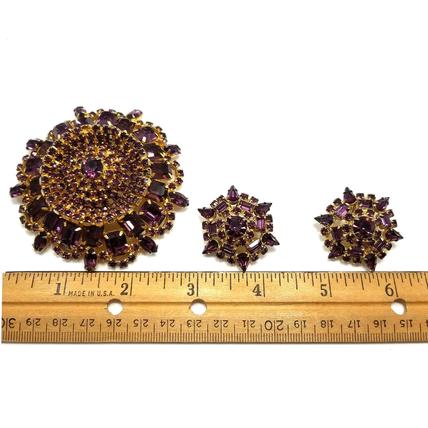 Large Purple Rhinestone Brooch & Clip Earrings, Gold Plated, 1960s Vintage