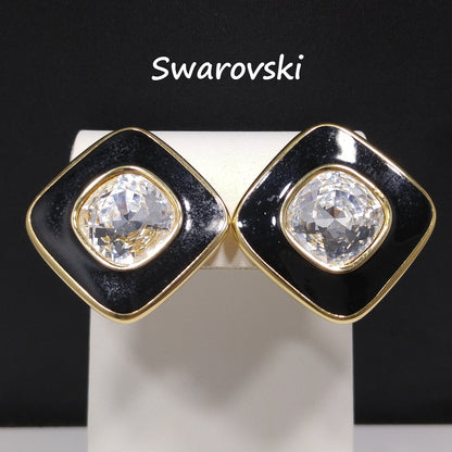 Swarovski S.A.L. Earrings, Clear Crystal & Black Enamel, 1970s–1980s Vintage