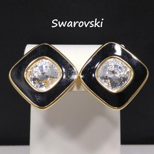 Swarovski S.A.L. Earrings, Clear Crystal & Black Enamel, 1970s–1980s Vintage