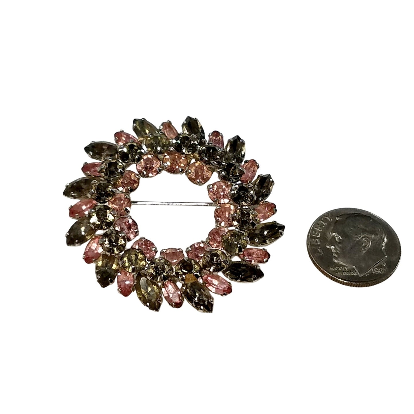Sherman 1950s Pink & Smoky Gray Rhinestone Wreath Brooch | Rhodium Plated Mid-Century Signed Pin