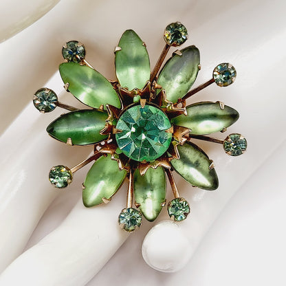 Vintage 1950s Uranium Glass Green Rhinestone Brooch Gold Filigree 1.75”
