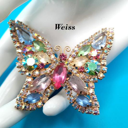 Vintage Weiss Butterfly Brooch, Pastel Rhinestones, Gold Plated, 1960s Jewelry