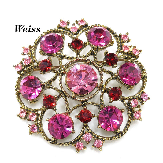 Weiss Pink Rhinestone Brooch, Antique Gold Rope Pin, 1960s Vintage Jewelry