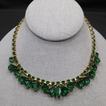 Vintage Emerald Green Rhinestone Choker Necklace, Gold Plated, 14 3/4 Inches, 1960s Vintage Jewelry