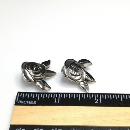 Vintage Laurel Burch Deco Rose Earrings, Rhodium Plated, Black Enamel, 1980s