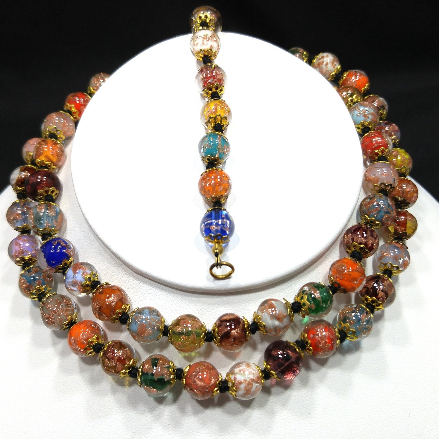 Venetian Goldstone Bohemian Necklace & Bracelet, Hand Knotted Black Thread, Vintage Jewelry