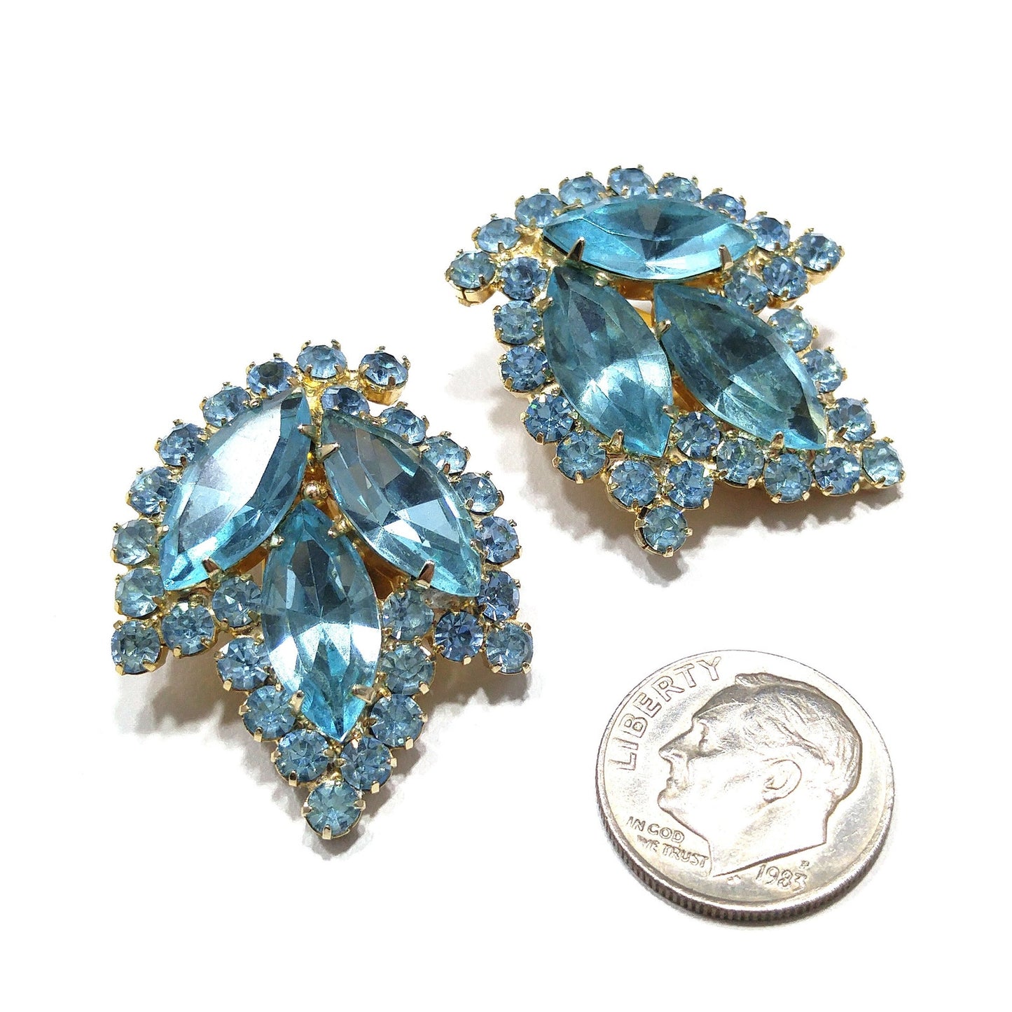 Weiss Light Blue Rhinestone Clip Earrings, Gold Plated, 1960s Vintage Jewelry