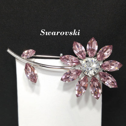 Swarovski Pink Crystal Flower Brooch, Clear Center, Swan Logo