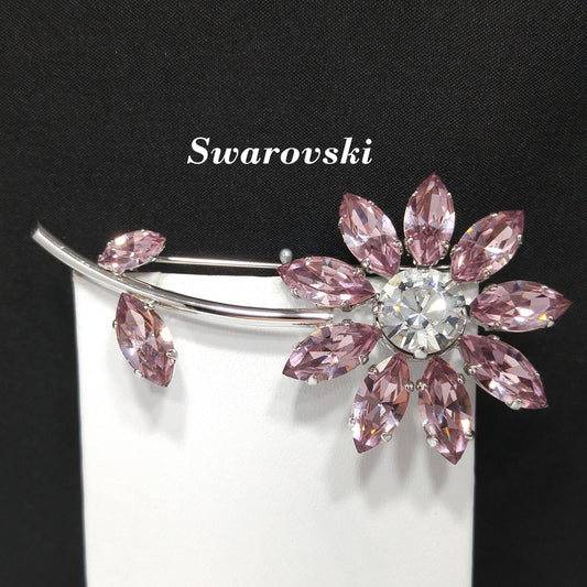 Swarovski Pink Crystal Flower Brooch, Clear Center, Swan Logo