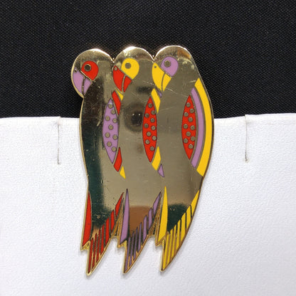 Laurel Burch "Perico" Brooch, Gold Plated Parakeets, Cloisonné Birds, 1980s Vintage Jewelry