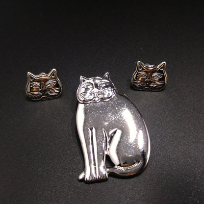 Laurel Burch Cat Brooch & Earrings, Rhodium Plated, 1980s Vintage Jewelry