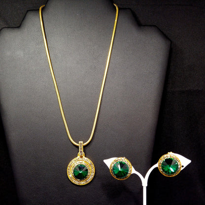 Vintage Green Rivoli Necklace & Earrings, Pave Clear Rhinestones, 1970s Vintage Jewelry