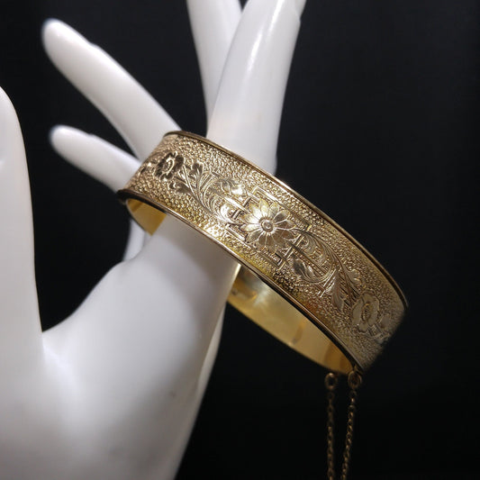 Vintage 10KT Gold Filled Bracelet, Safety Chain, Floral Embossed, 1930s Vintage Jewelry