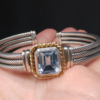 Blue Topaz Sterling Gold Trim Cuff Bracelet, Thailand 925 14K, 1990s Vintage Jewelry