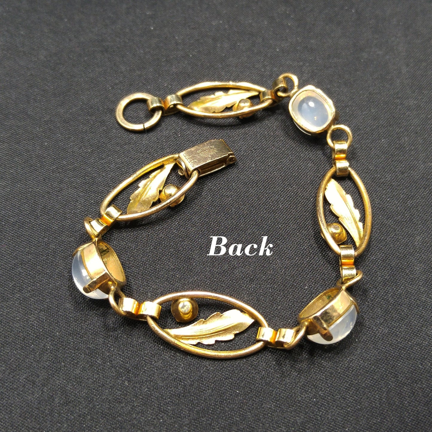 Van Dell 12K Gold Over Sterling Leaves Bracelet, Faux Moonstones, Blue Rhinestones, 1940s Vintage Jewelry