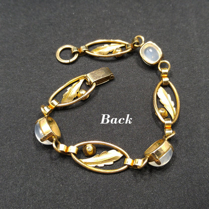 Van Dell 12K Gold Over Sterling Leaves Bracelet, Faux Moonstones, Blue Rhinestones, 1940s Vintage Jewelry