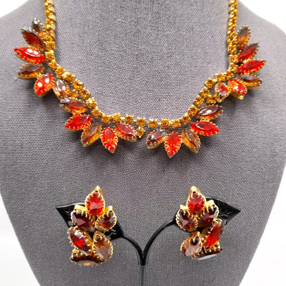 Vintage Orange Topaz Rhinestone Necklace Earrings Set, Gold Plated, 1960s