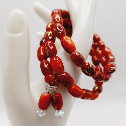 Vintage Asian Beaded Memory Wire Bracelet Red Glass Gold Accents Handmade Jewelry