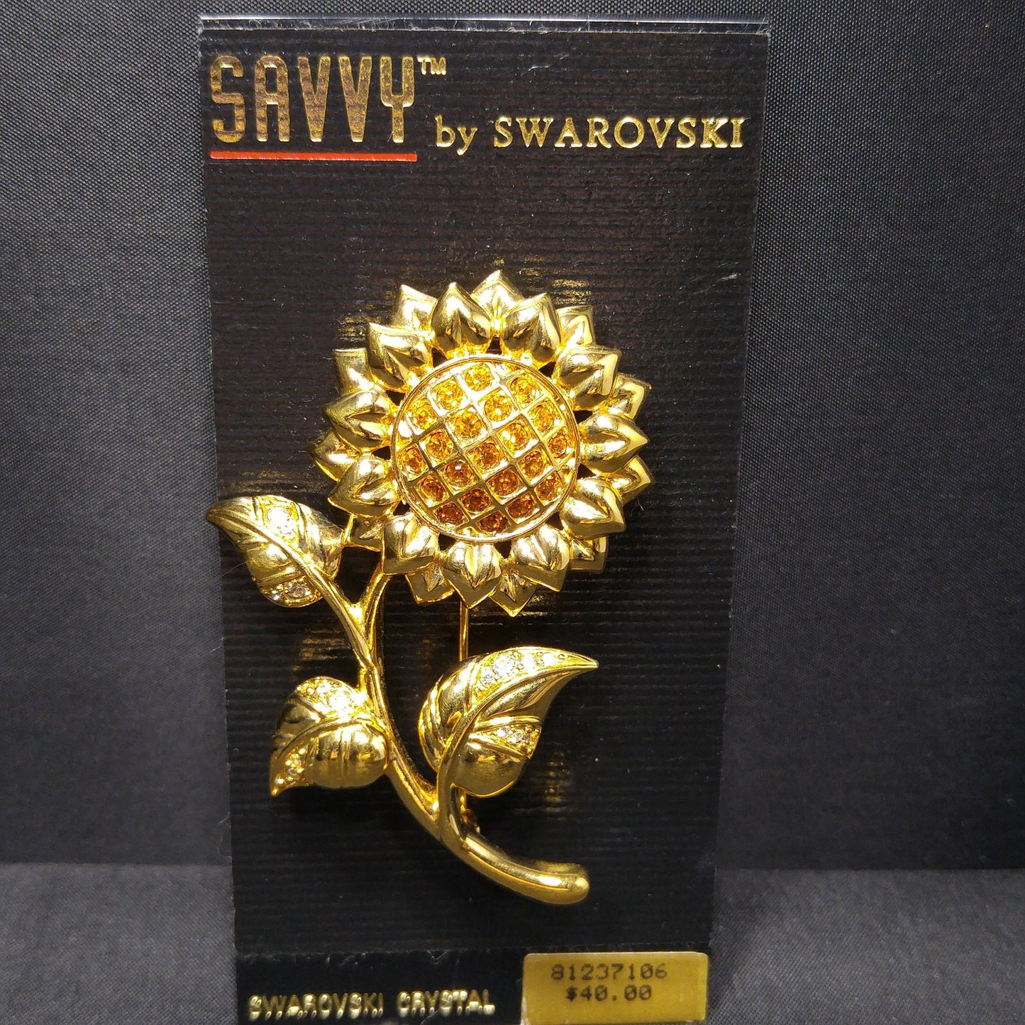 Savvy by Swarovski Sunflower Brooch, Gold Plated Crystal Flower Pin, 1990s Vintage Jewelry