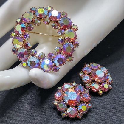 Kramer Pink Brooch Clip Earrings, Aurora Borealis, 1960s Vintage Jewelry