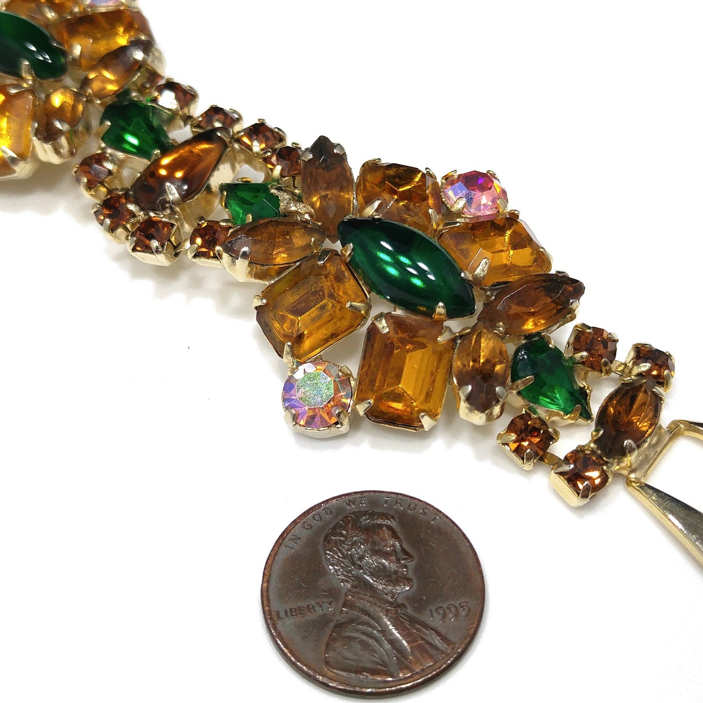 Light Topaz & Green Rhinestone Bracelet, Gold Plated, Aurora Borealis, 1960s Vintage Jewelry