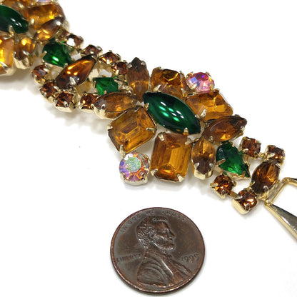 Light Topaz & Green Rhinestone Bracelet, Gold Plated, Aurora Borealis, 1960s Vintage Jewelry