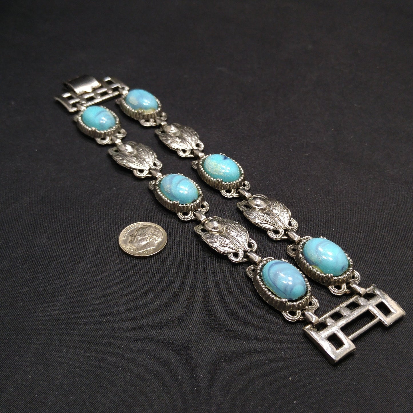 Lucite Faux Turquoise Double Strand Bracelet, Silver Leaves, 1950s Vintage Jewelry