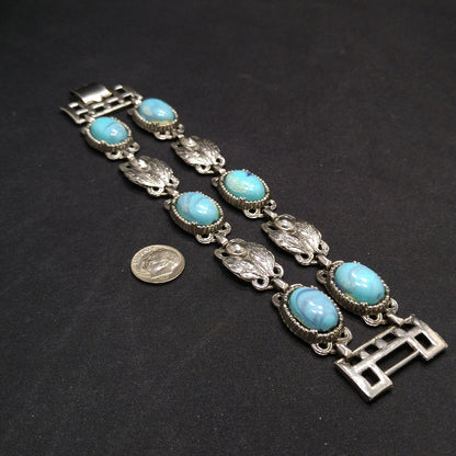 Lucite Faux Turquoise Double Strand Bracelet, Silver Leaves, 1950s Vintage Jewelry