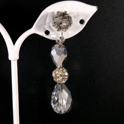 Vendome Silver Crystal Beaded Clip Earrings, Dangle Drop 2", 1960s Vintage Jewelry