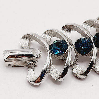 Vintage Crown Trifari Blue Rhinestone Bracelet – Rhodium Plated – 6.75 Inches