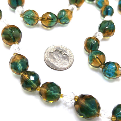 Vintage Czech Two Toned Glass Bead Long Necklace, Teal & Topaz Faceted Beads, 1970s Vintage Jewelry