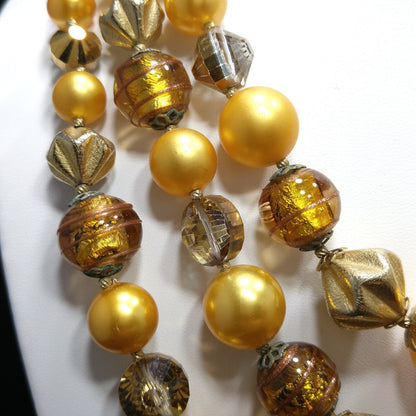 Vintage 1950s Gold Glass Bead Necklace, 3 Strand Mid-Century Statement Jewelry