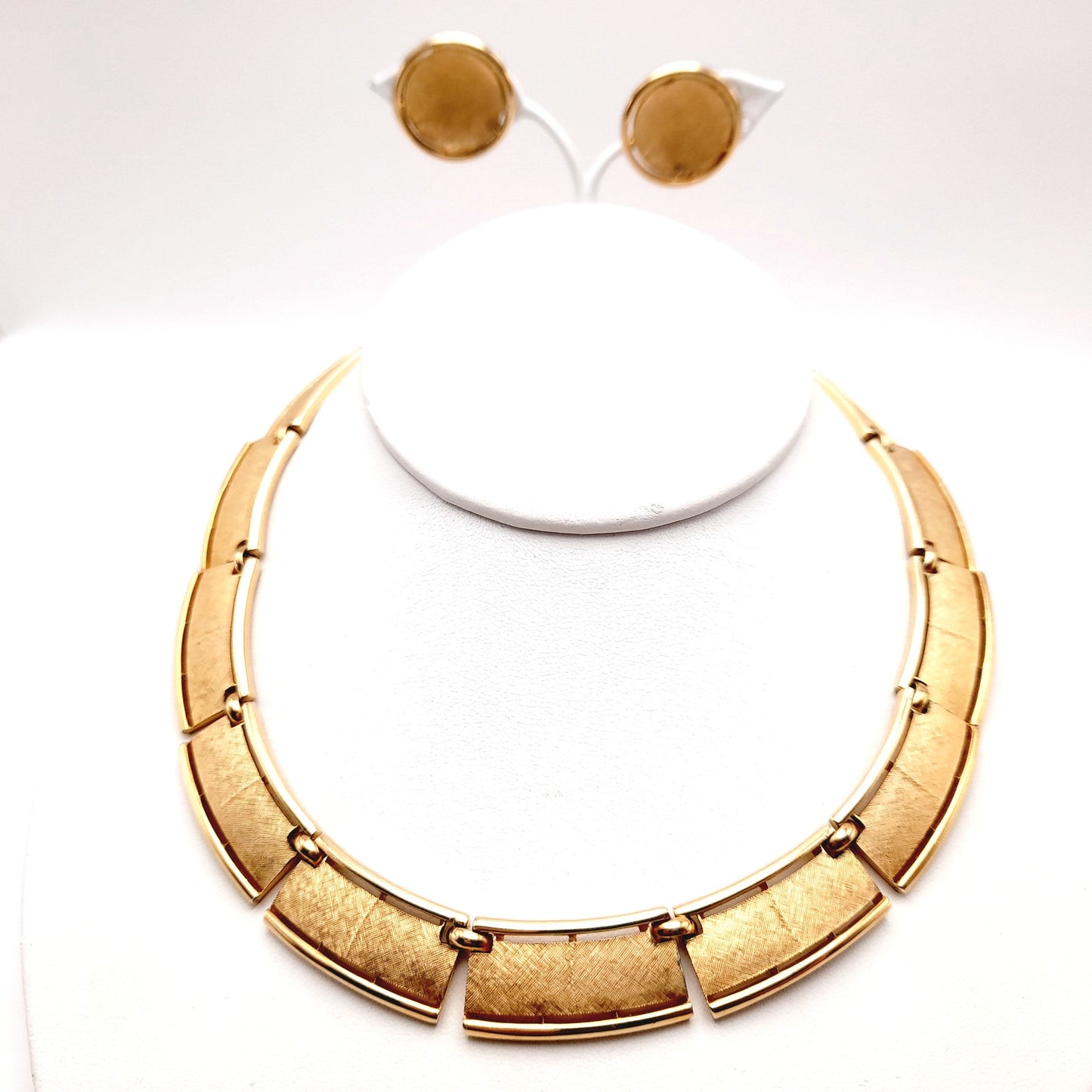 Vintage Trifari Satin Finish Gold Plated Choker Clip Earrings Set