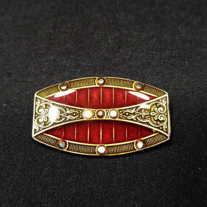 Catherine Popesco Red Enamel Art Deco Brooch, Rhinestones Under Enamel, France, 1980s Vintage Jewelry
