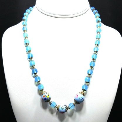 Murano Bead Hand Knotted Necklace, Three Wedding Cake Beads, 1950s Vintage Jewelry