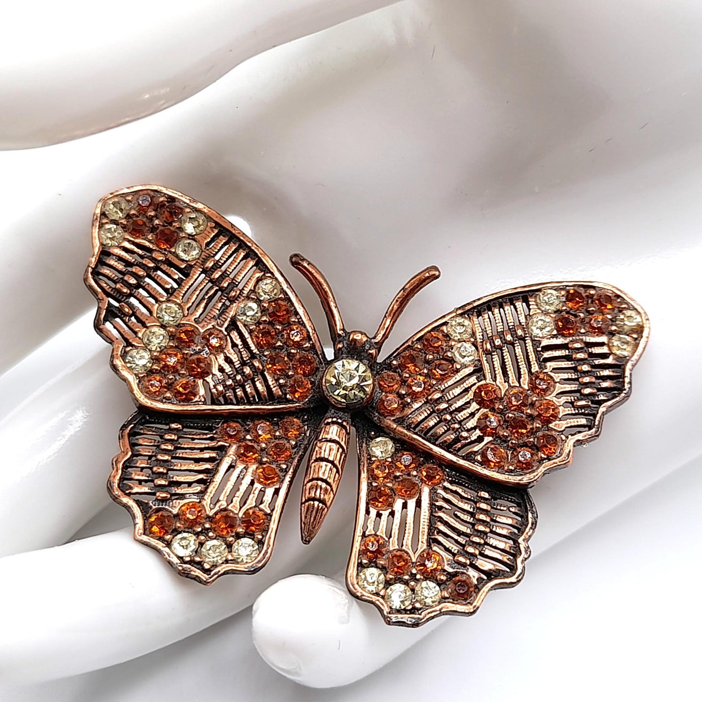 Vintage Weiss Butterfly Brooch, Copper Plated, Clear Orange Rhinestones, 1960s