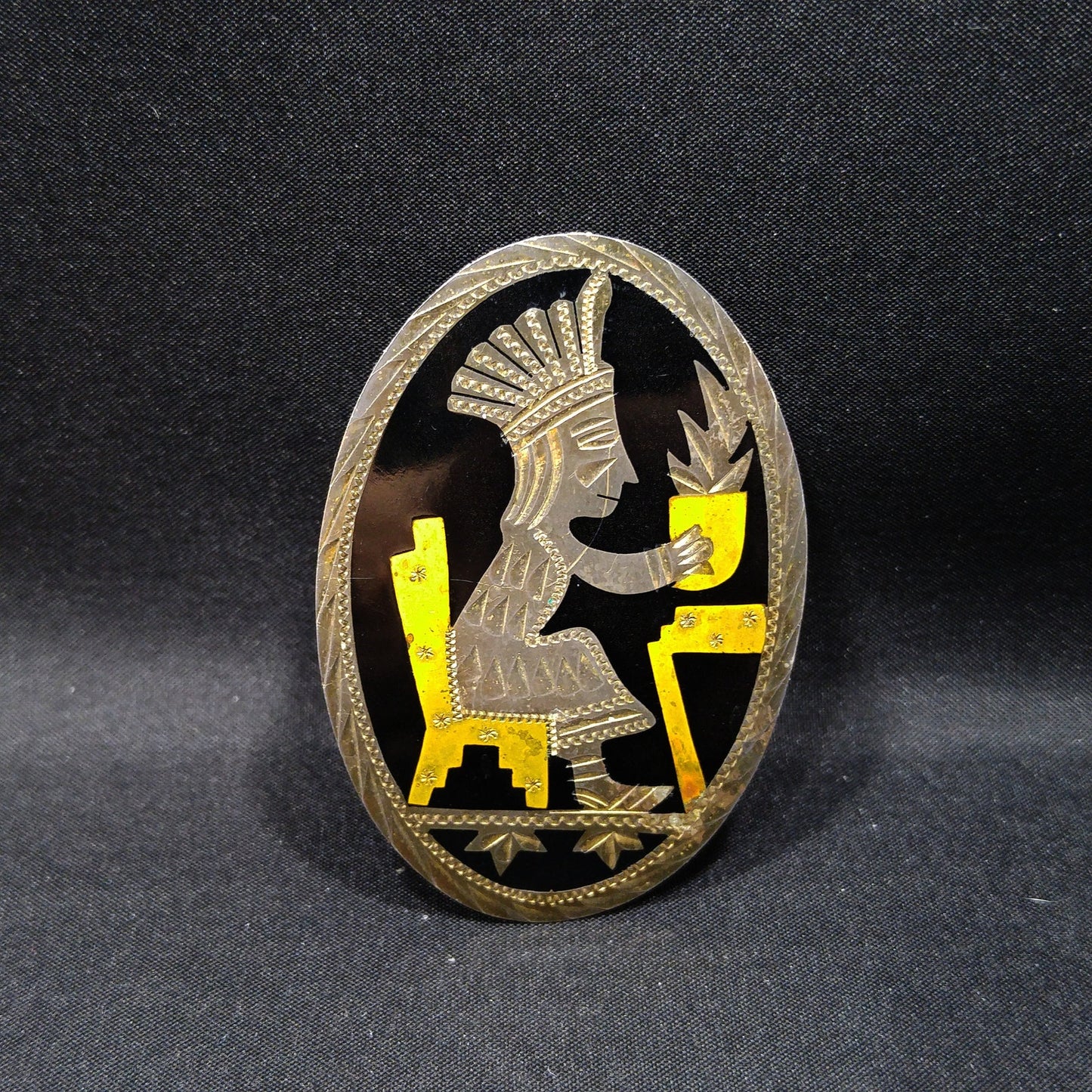 Silver Brass Inlay Onyx Brooch Pendant, Stamped DF 9Z5, Old Mexico Sterling, 1950s Vintage Jewelry
