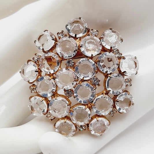 Vintage Clear Crystal Bezel Set Brooch Gold Tone Prong Setting Pin – 2”
