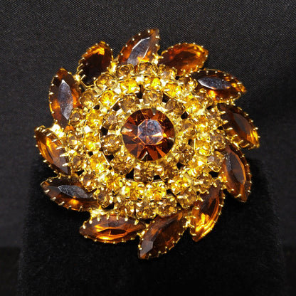 Domed Topaz Rhinestone Brooch & Earrings Set, Gold Plated, 1960s