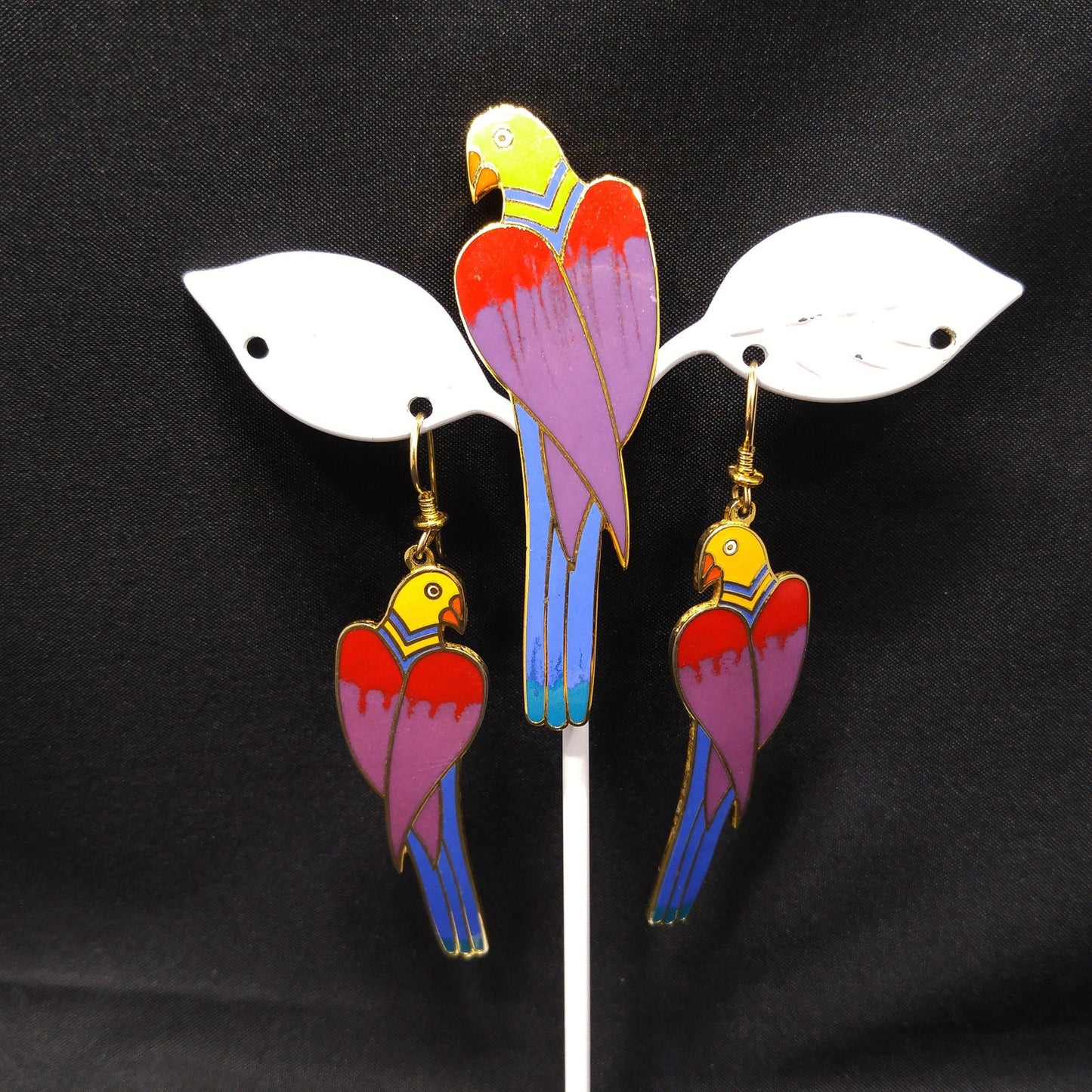 Laurel Burch Cezanne Parrot Earrings & Brooch Set, 22 KG Plated Cloisonne Enamel, 1980s