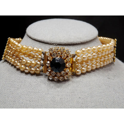 Blue Rhinestone Faux Pearl Collar Necklace, Three Strands, 14 Inches, 1950 Vintage Jewelry
