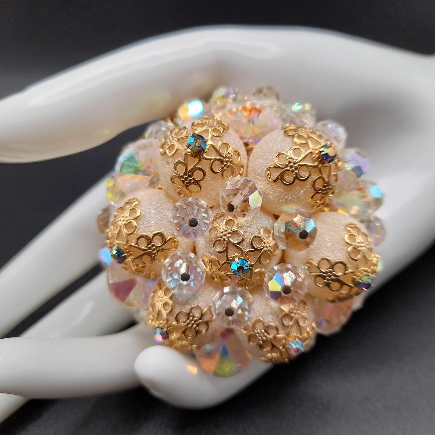 Vintage Crystal Bead Brooch, Aurora Borealis, Art Glass Globes, Filigree End Caps, 1960s Vintage Jewelry