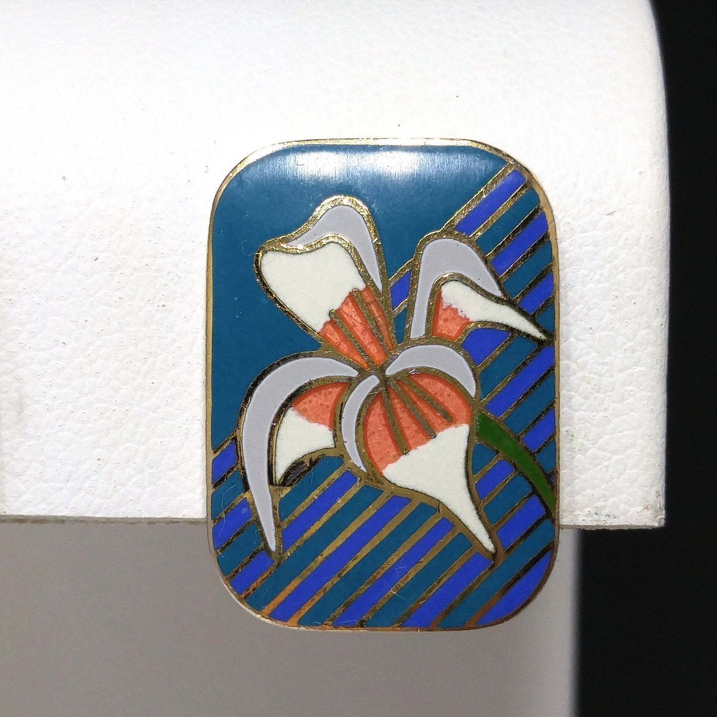 Vintage Laurel Burch "Iris" Clip On Earrings, Gold Plated Cloisonné Enamel, 1980