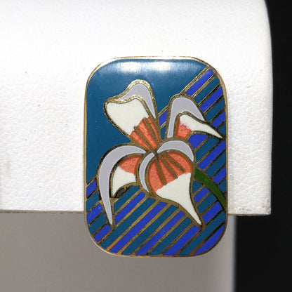 Vintage Laurel Burch "Iris" Clip On Earrings, Gold Plated Cloisonné Enamel, 1980