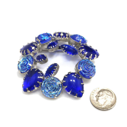 Cobalt Blue Iridescent Rose Wreath Brooch, Silver Tone, Prong Set Rhinestones, 1960s Vintage Jewelry