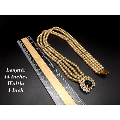Blue Rhinestone Faux Pearl Collar Necklace, Three Strands, 14 Inches, 1950 Vintage Jewelry