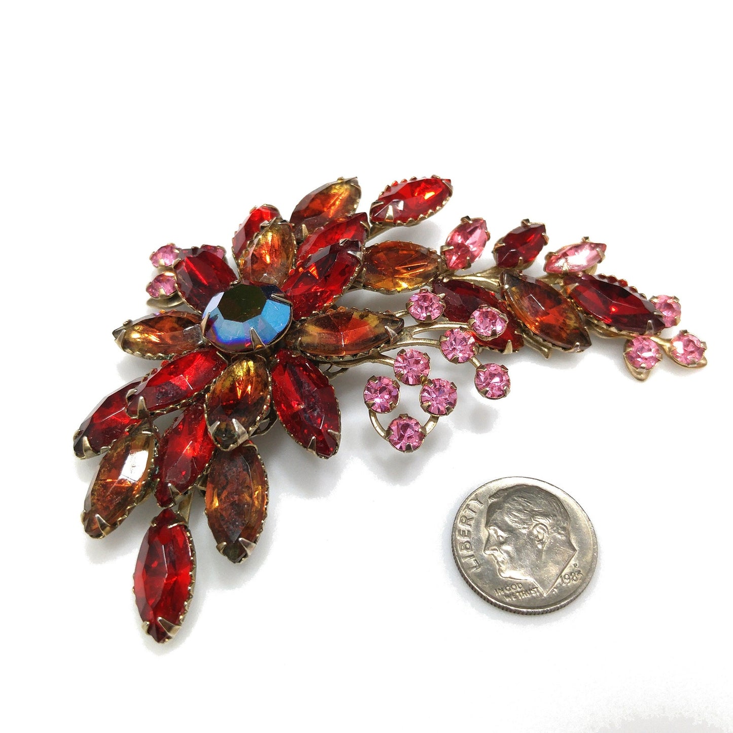 Red Rhinestone Floral Spray Brooch, Gold Plated, 1950s Vintage Jewelry