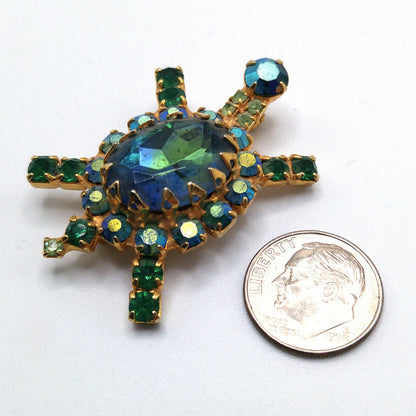 Vintage Turtle Brooch, Green Blue Aurora Borealis Rhinestones, Gold Plated, 1960s Vintage Jewelry