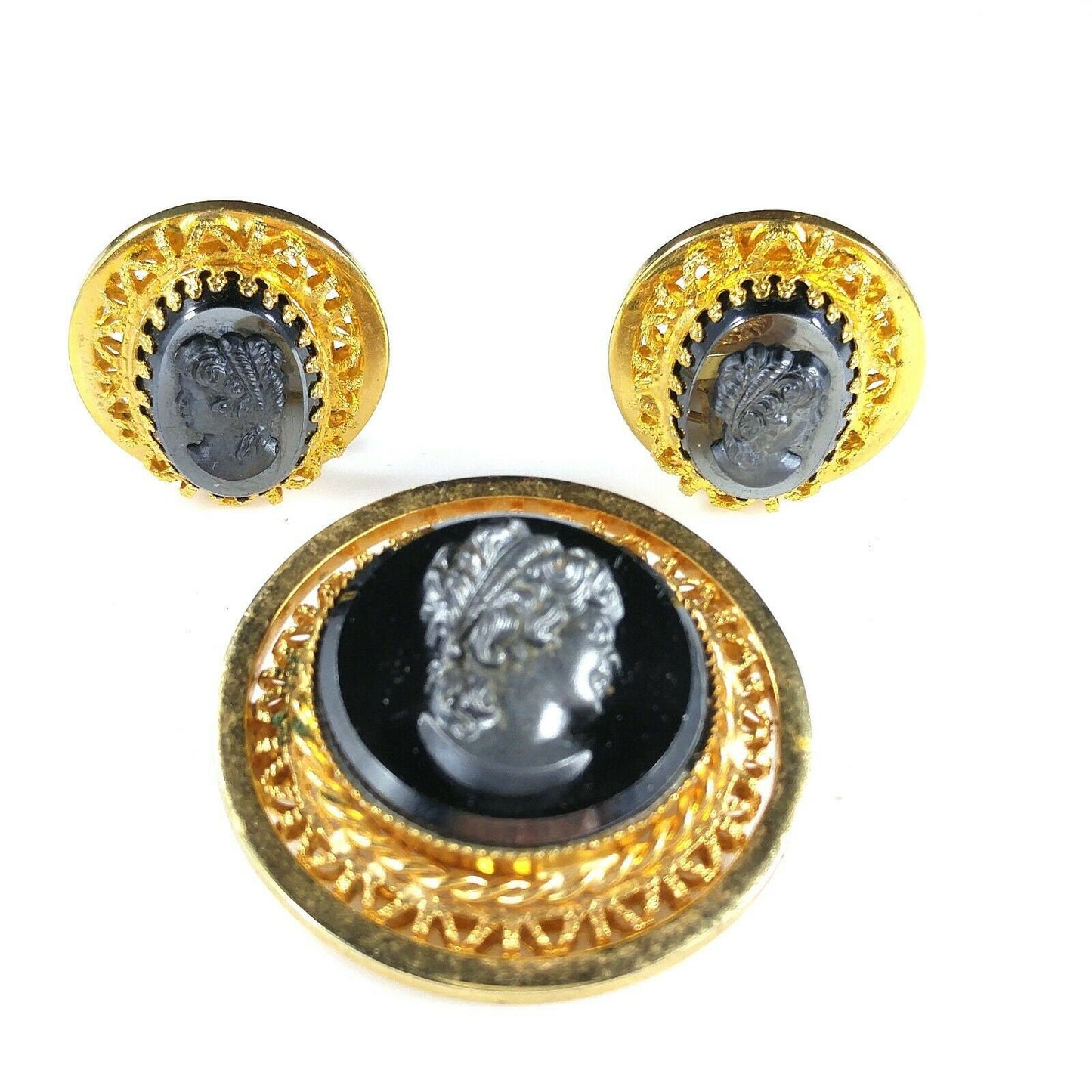 Vintage Cameo Hematite Brooch & Clip Earrings, Filigree Pin Set W Germany Style, 1950s Vintage Jewelry