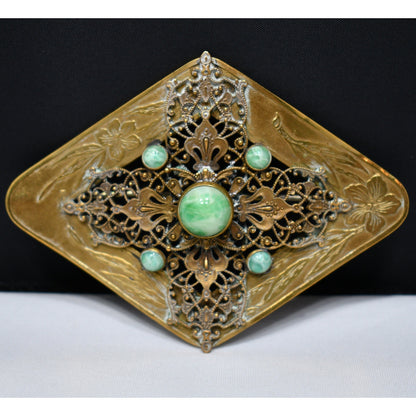 Vintage Brass Sash Pin, Green Marbled Cabochon, Early 1900s Vintage Jewelry